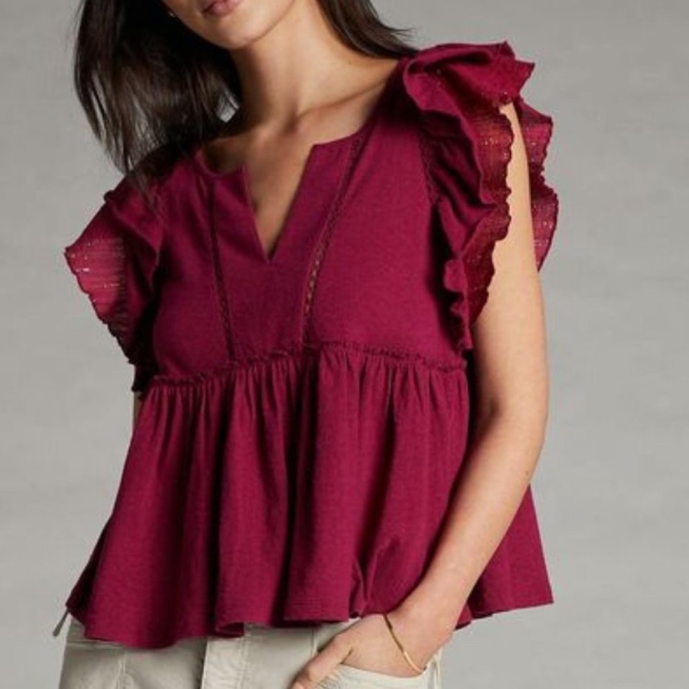 Anthropologie- Caroline Ruffle Sleeve Top in burgundy - SZ: M
